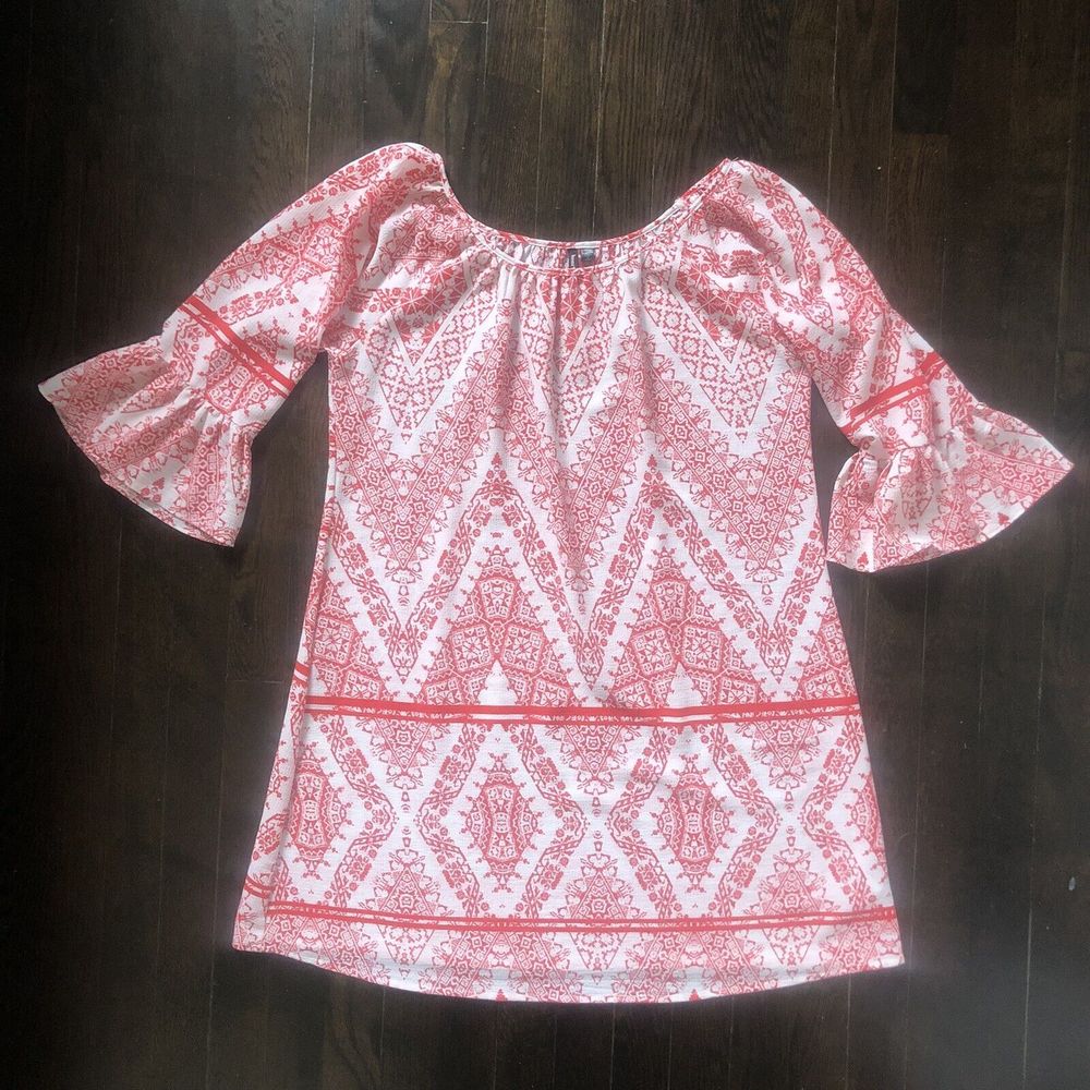 HeartSoul Dress Womens Boho Red/White Large 3/4 Bell‎ Sleeve Aztec Summer Tunic